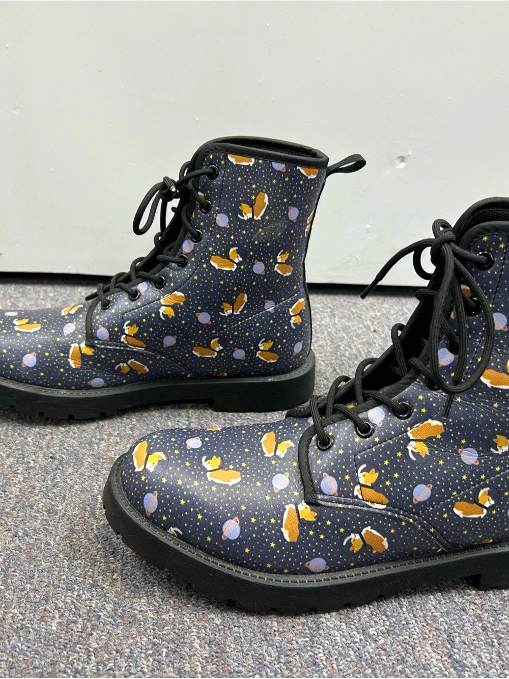 Navy Corgi dogs in space print Lace-Up Boots. Water resistant.